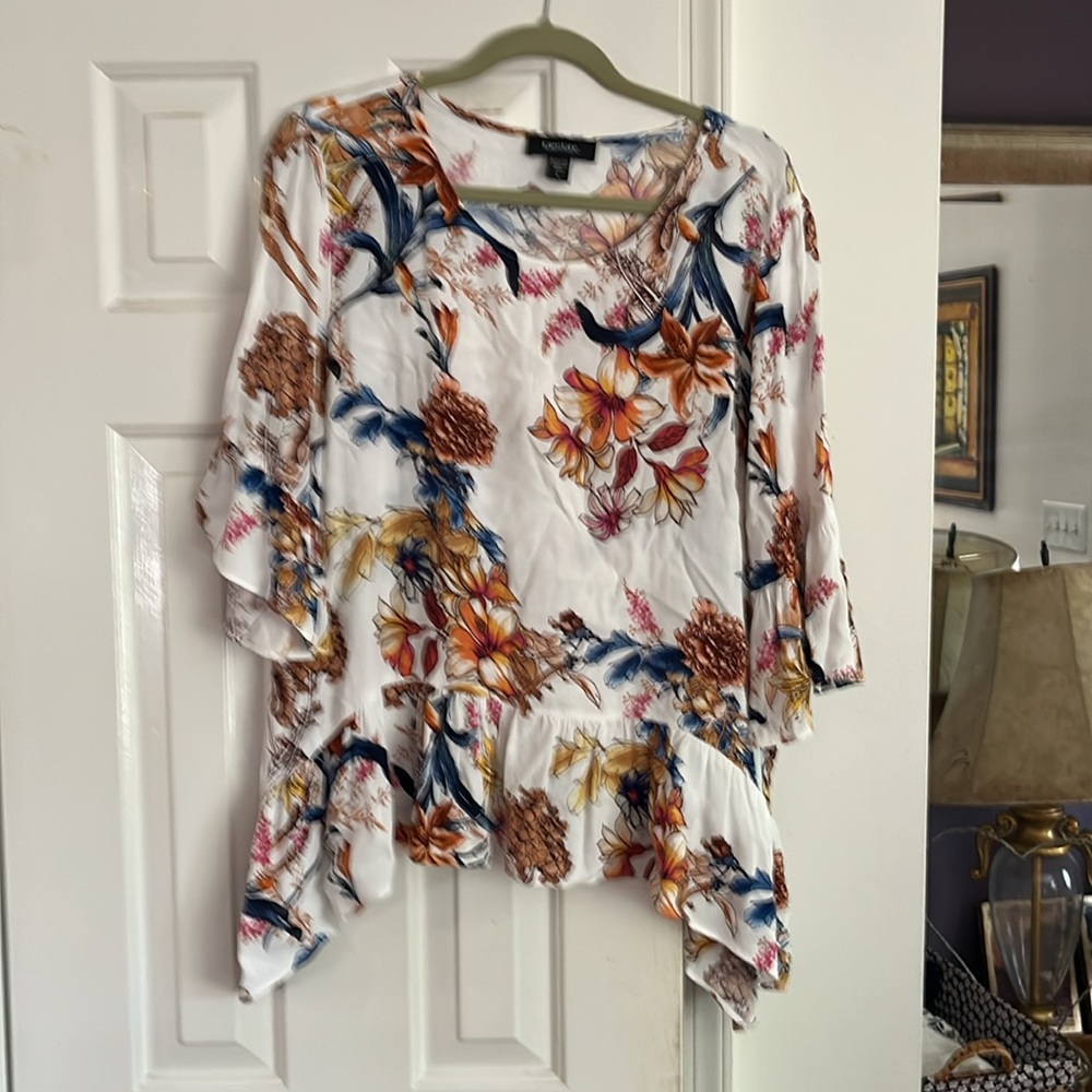 Floral ruffle blouse by Karen Kane.